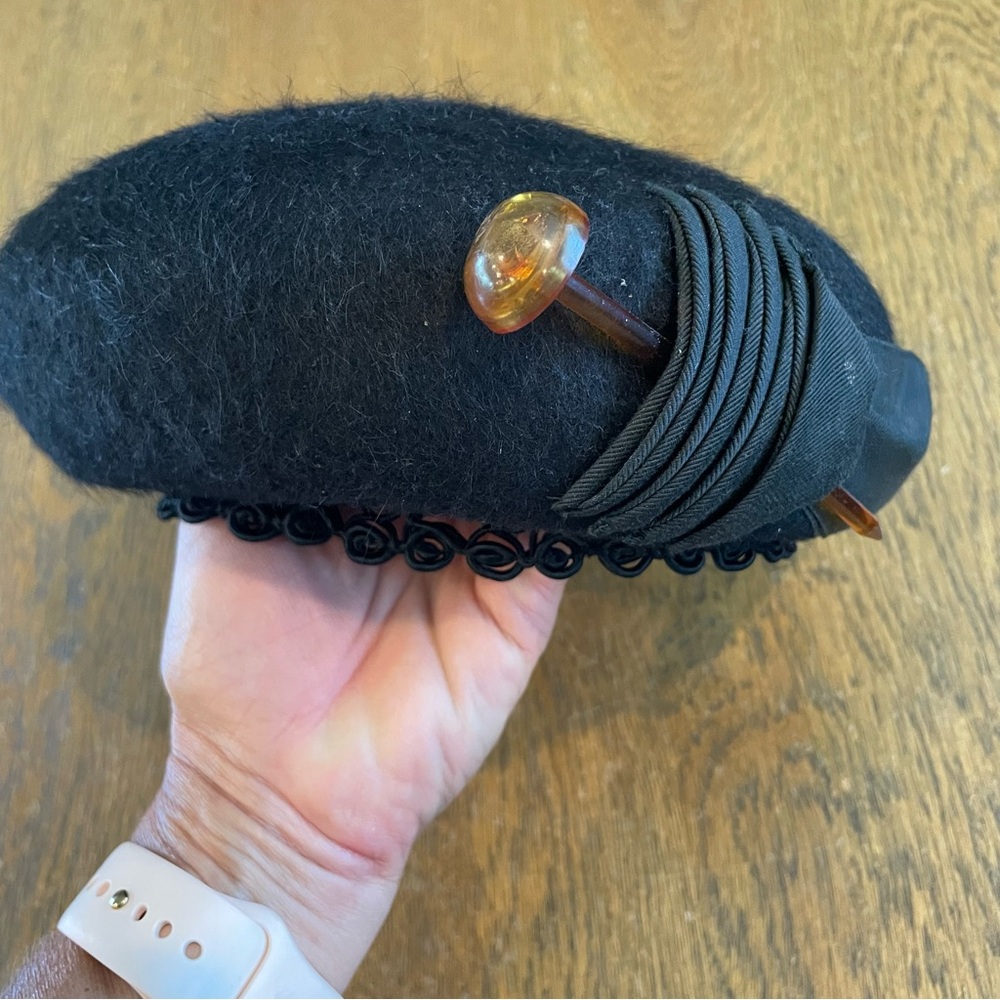 Vintage Henry Pollack Melosie Millinery Hat Black Beret Pillbox Fascinator